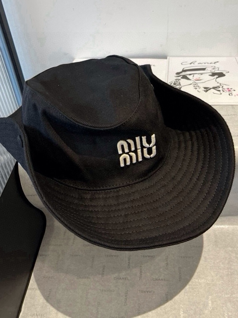 Miu Miu Black Canvas Bucket Hat with White Embroidered Logo